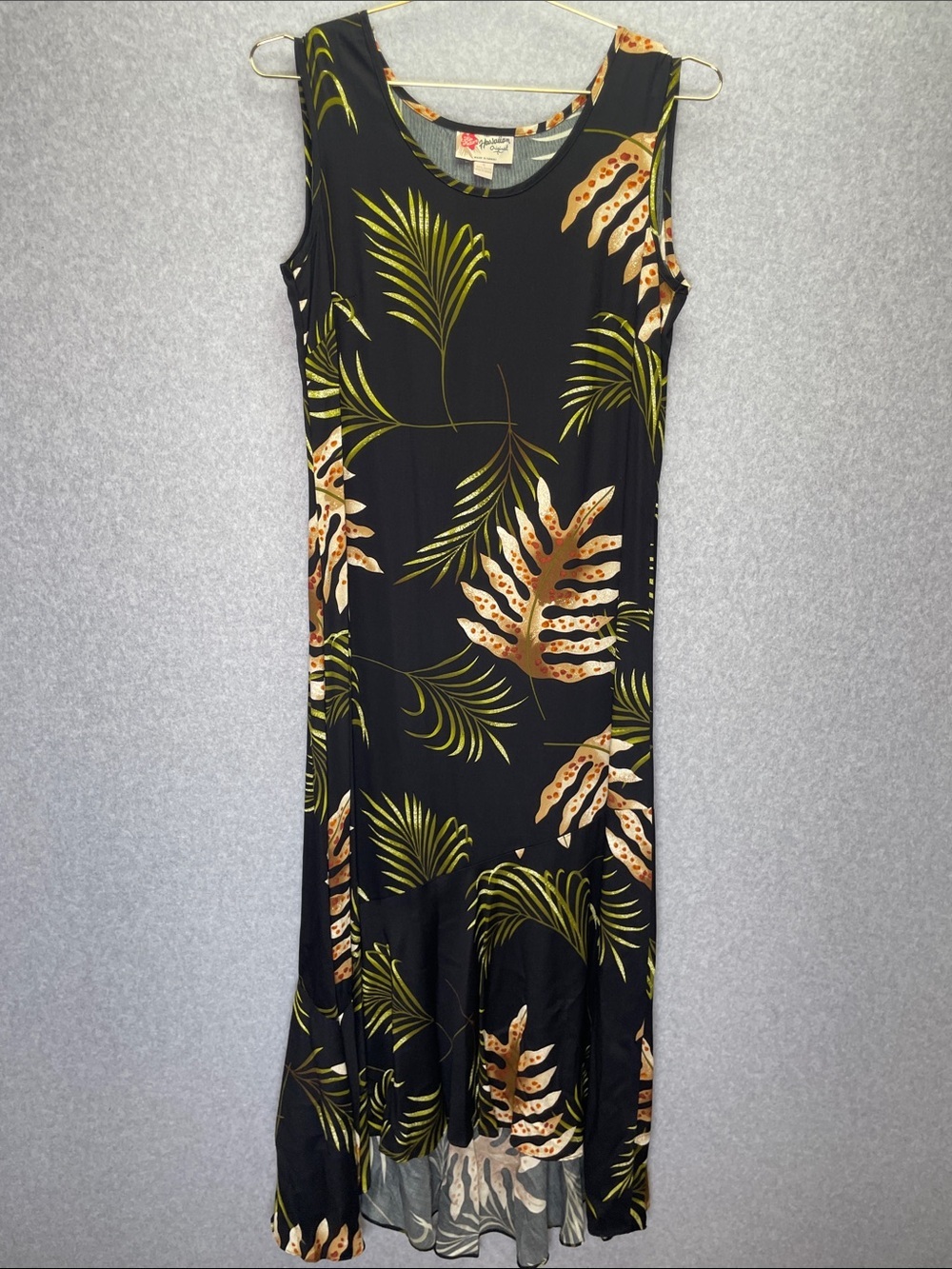 Hilo Hattie Original Tropical Palm Leaf Sleeveless Maxi Asymmetrical Hem Dress